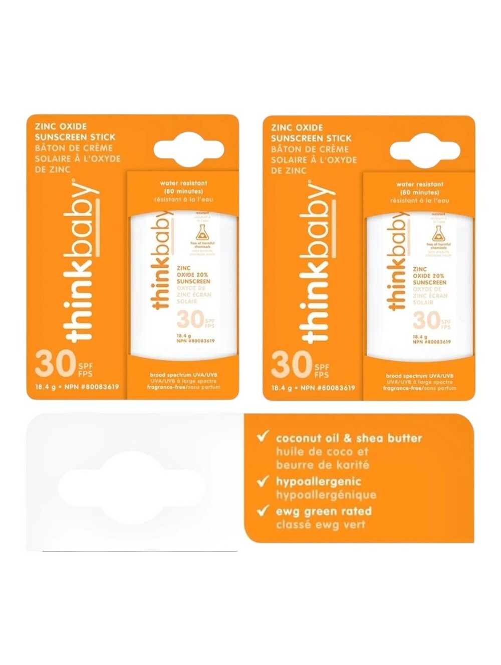 Think Baby 2 Pack 30 SPF Zinc Oxide Sunscreen Sticks, NIB